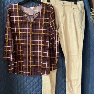 Plaid Top and Beige Pants Set